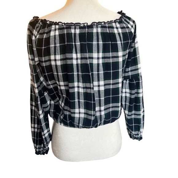 HOLLISTER CROP LONG SLEEVE GREEN & BLUE PLAID TOP TIE FRONT MEDIUM - Picture 2 of 5